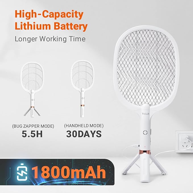 Electric Fly Swatter Racket, Rechargeable Fly Zapper - 4000 Volt, Exclusive 2-in-1 Bug Zapper Racket - USB Charging, 1800mAh Li-Battery, Indoor & Outdoor Use, White