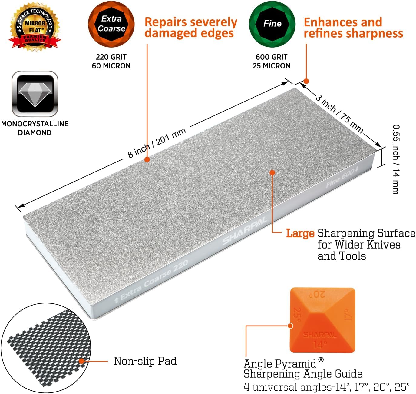 SHARPAL 169H Large 8" x 3" Dual-Grit Diamond Sharpening Stone – Extra-Coarse 220 & Fine 600 Grit Monocrystalline Diamond Whetstone, Professional Knife Sharpener with Anti-Slip Pad and Angle Guide