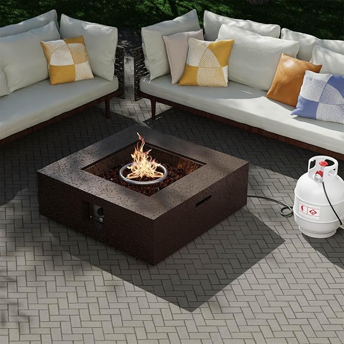 SUNBURY Outdoor Fire Pit, 35" Square Propane Gas Patio Fire Table 50,000 BTU Concrete Travertine Design, CSA Certified, Low Firepit Table with Lava Rocks, Waterproof Cover (Dark Brown)