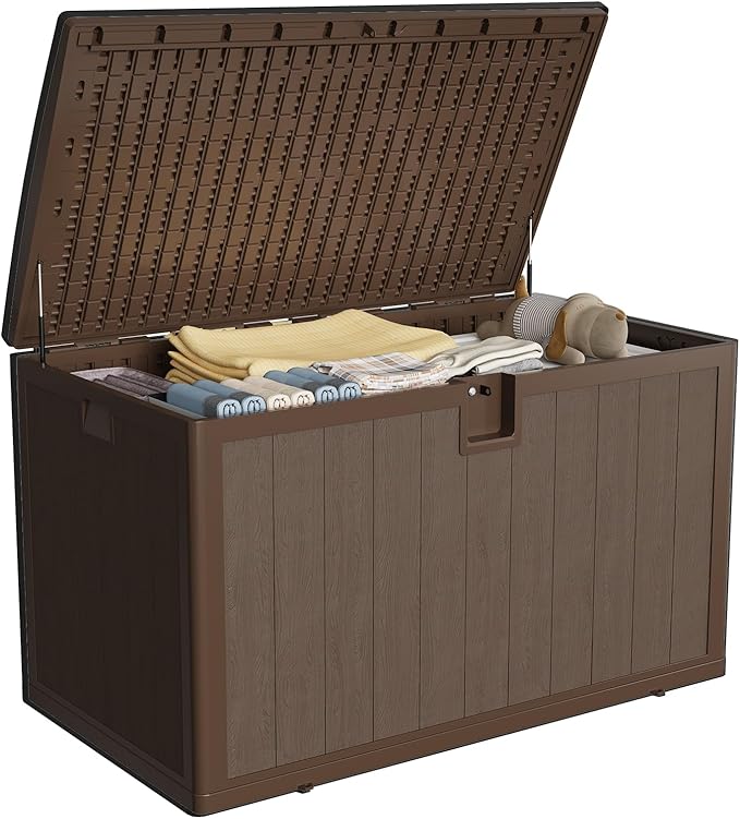 130 Gallon Outdoor Waterproof Storage Box Lockable Outdoor Storage Boxes Deck Storage Boxes for Package Delivery Deck Boxes for Patio Furniture, Garden, Tools - Faux Wood Grain Brown