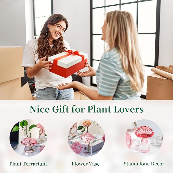 Hewory Mushroom Jars for Plants, 10pcs Pink Glass Mushroom Bud Vase for Flowers, Unique Plant Propagation Stations Propagating Vases Decor, Mini Cute Hydroponic Terrarium Planter for Indoor Planters