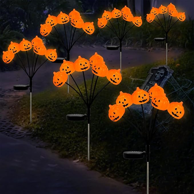 Set of 3 Halloween Pumpkin Lights Outdoor Solar Pathway Lights with 18 Cool White LEDs for Garden Yard Lawn Patio Decorations