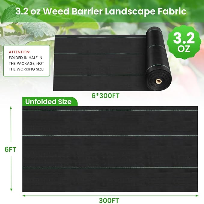 Rintea 6FTX300FT Weed Barrier Fabric, 3.2oz Landscape Fabric, Durable Weed Barrier Fabric Heavy Duty with 20 U-Shaped Securing Pegs for Landscaping Weed Blocker Garden Bed Cover, Commercial Driveway