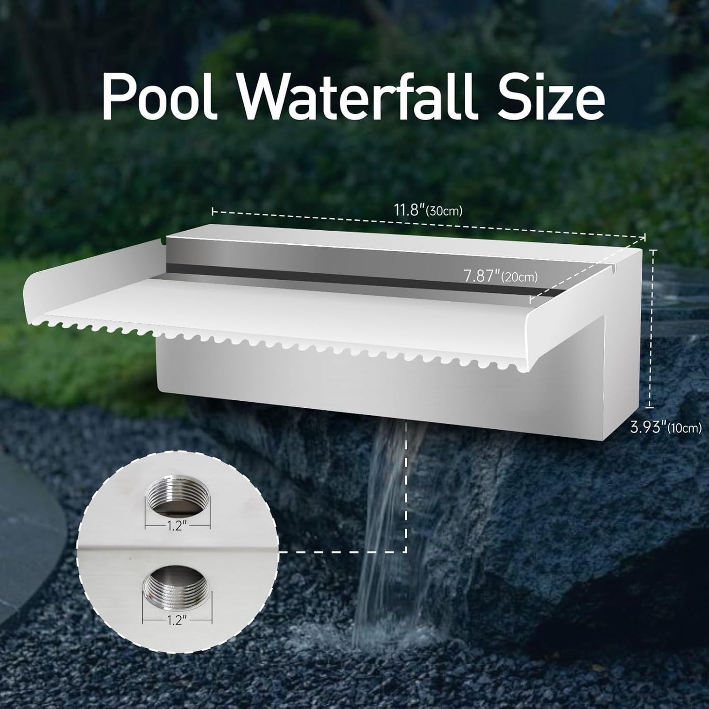 Pool Fountain Stainless Steel Pond Waterfall Spillway Kits for Indoor/Outdoor Decorative, 12 Inches Pool Water Feature for Garden Patio, Backyard Koi Pond Decor(No LED Light)