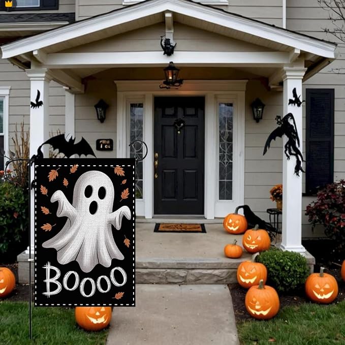 Fokongna Halloween Ghost Garden Flag, Halloween Ghost Decor Boo Garden Flag, 12x18 Inch Burlap Vertical Double Sided Flags, for Home Yard Outside Decorations