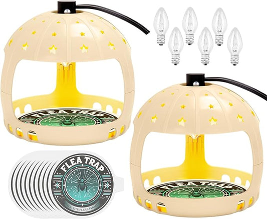 Flea Traps for Inside Your Home, 2025 Flea Treatment for Home, Electric Flea Killer for House Indoor, 2 Packs Flea Light Traps w/ E12 Bulbs & 10 Sticky Discs