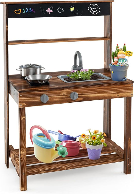 HONEY JOY Mud Kitchen, Fir Wood Outdoor Play Kitchen for Toddlers, Realistic Faucet & Garden Sink, Stoves, Chalkboard, Storage Shelf, Outdoor Kitchen Playset, Mud Kitchen for Kids Outdoor Backyard
