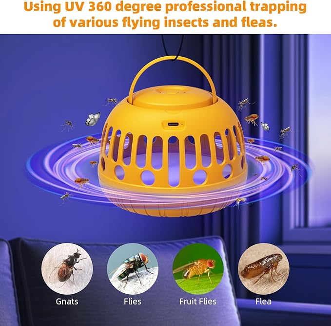Gnat Trap Indoor, 360° Rechargeable UV Flying Insect Trap for Gnat Flies Housefly Flea, Fruit Fly Killer Trap, Flea Catchers for Inside Home with Sticker & Protective Cover, Friendly to Pets & Kids