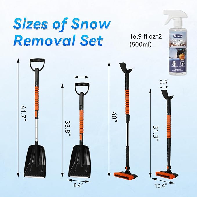 6-in-1 Car Snow Removal Kit with Deicer Spray | 40" Extendable Snow Brush & Ice Scraper, Detachable Snow Shovel, 180° Rotating Head, Foam Grip | Winter Windshield Cleaner for Cars, Trucks & SUVs