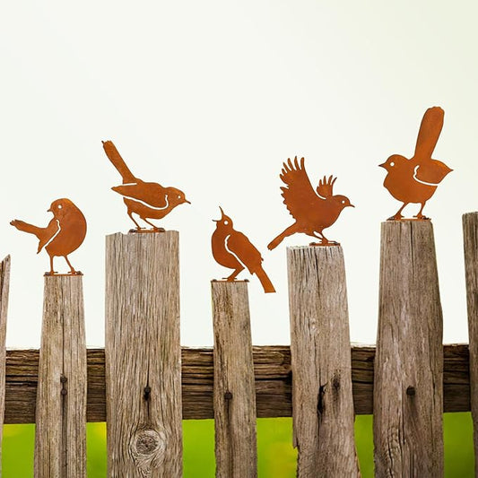 Nbippiooiwip Five-Piece Rustic Outdoor Bird Garden Sculpture Set, Metal Wall Art Bird Ornaments Ideal for Garden Stakes, Fields, Parks, Hotels, and Bird Enthusiasts Rustic Style