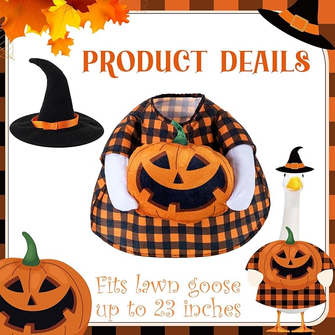 Sanwuta 1 Set Halloween Porch Goose Outfit Pumpkin Pillow Design with Hat for 23" Lawn Cement Goose Porch Geese Clothes Costume for Halloween Garden Patio Yard Outdoor Decorations