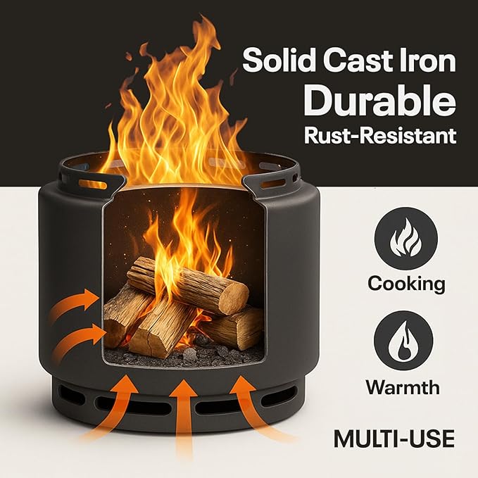 18" Smokeless Fire Pit with Removable Ash Pan, Fire Poker & Carry Bag - Portable Outdoor Fire Pit - Cast Iron - Wood Burning Lightweight Fireplace, Ideal for 4-6 People, 25 lbs