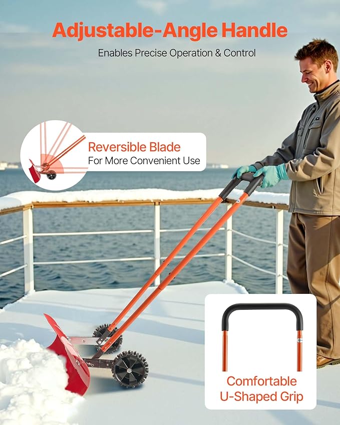 VEVOR 38-inch Snow Pusher Shovel with Wheels, Bi-Directional Heavy Duty Wheeled Push Snow Shovel for Driveway and Sidewalks with Angeled Blade