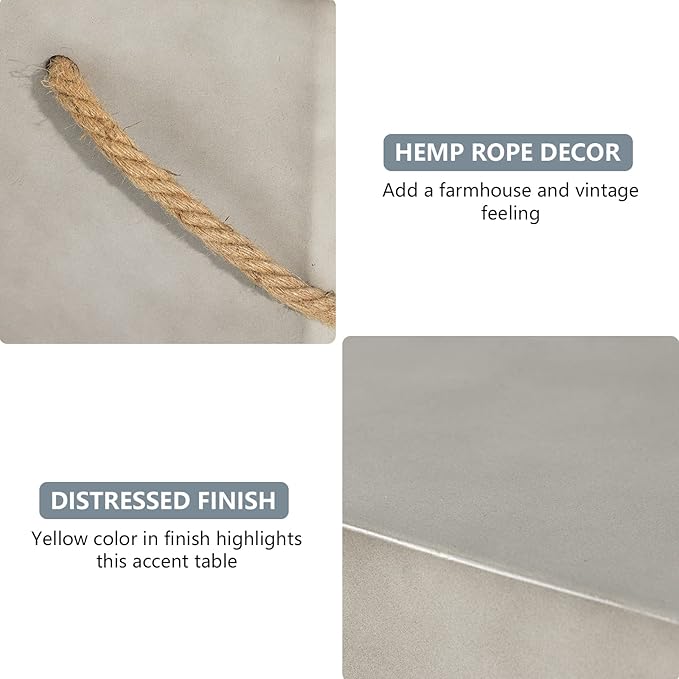 COSIEST Set of 2 Concrete Side Table, Rectangular Outdoor Side Table w Hemp Rope Handles,15''Patio Side Tables End Table, Outdoor Accent Side Table for Garden and Patio, Grey