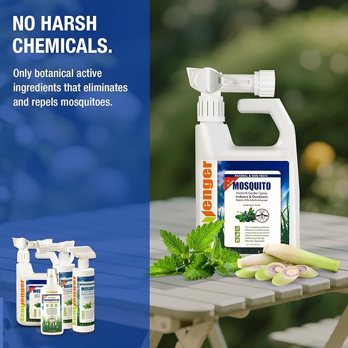 EcoVenger by EcoRaider Mosquito Control Triple-Action Hose-end Spray 32 oz, Kills Aphids, Gnats, Ticks, Kills All Stages + Larvae Control + Lasting Repellency, Citrus Scent, Non-Toxic Child-&-Pet-Safe