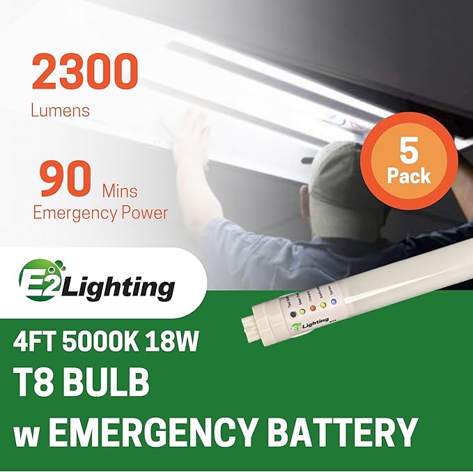 4ft T8 LED Bulbs, LED Fluorescent Tube Replacement 4ft, T8 LED with Emergency Battery, 5000K, 18W, 120-277V, Ideal for Office and Warehouse-5 Pack
