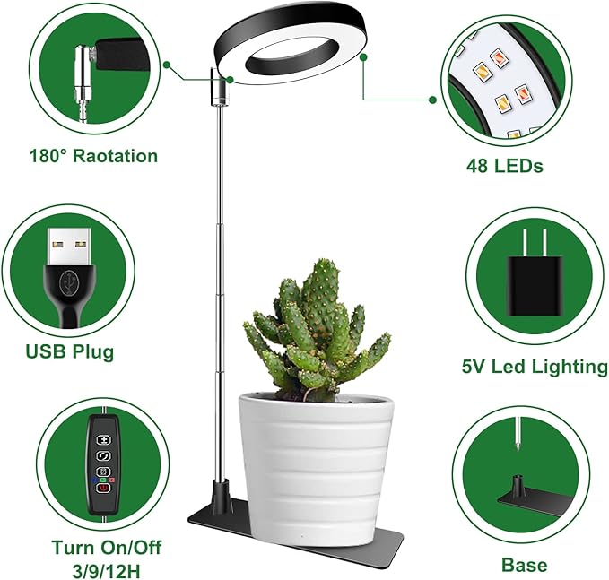 Grow Lights for Indoor Plants, Full Spectrum Plant Lights for Indoor Growing, Height Adjustable Halo Grow Light with Base, 3 Optional Spectrums, Auto Timer 3/9/12Hrs, 10 Brightness, 5 Pack