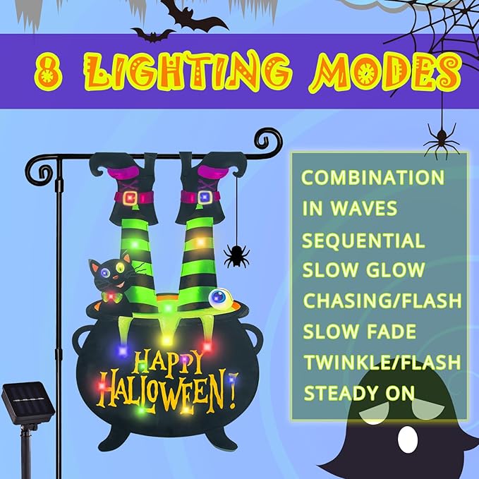 Halloween Lighted Garden Flag for Outside, Witch Feet Shape Flag Yard Decor, 8 Modes 28x40 Double Sided Cauldron Eyeball Black Cat Outdoor Hlloween Decorations for Home Porch（Multi Colored-28x40）