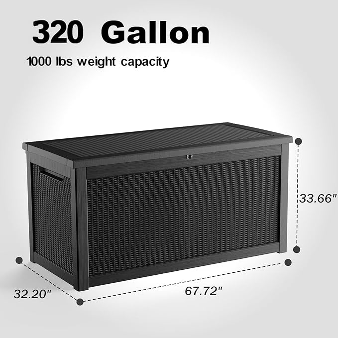 320 Gallon Outdoor Storage Box, Large Outdoor Deck Box,Waterproof & UV Resistant Resin Storage Box Lockable for Patio Cushions, Gardening Tools, Pool Accessories(Black)