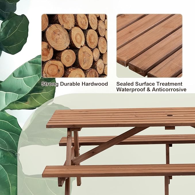 Outdoor Wooden Picnic Table with Benches and Umbrella Hole, Rustic Style Lifetime Picnic Table Bench Set for 6 or 8 Person for Backyard, Porch, Patio, and Deck, Brown