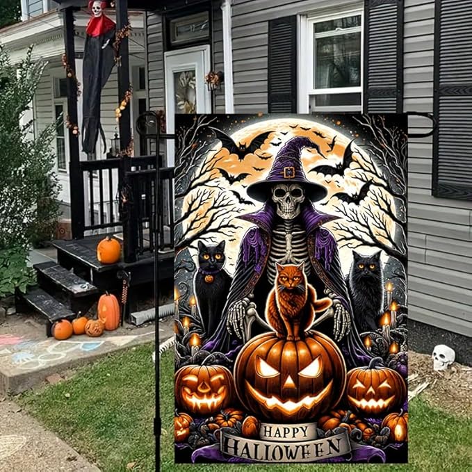 Halloween Garden Flag - Double Sided 12x18 with Ghost, Skull, Wizard, Skeleton Cats, Pumpkins, Bats - Spooky Outdoor Scary Yard Decor