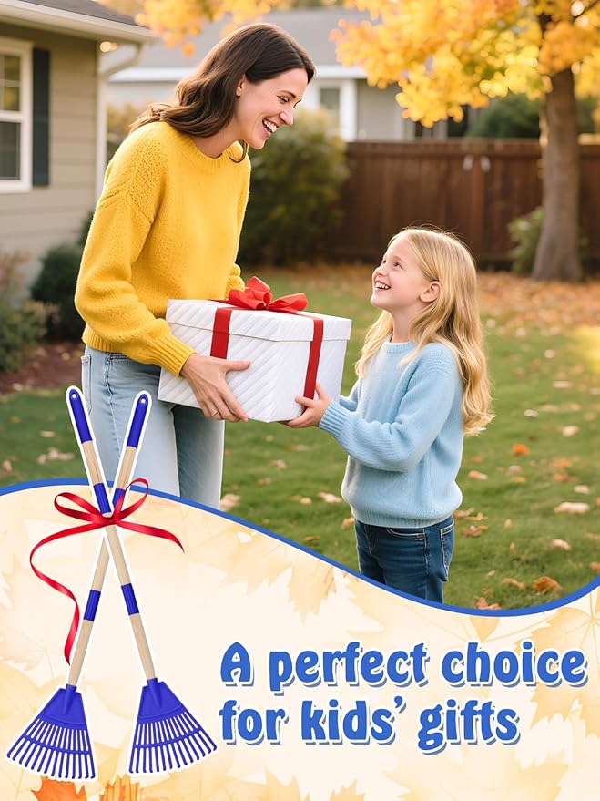 Acostop 2 Pcs Kids Rakes with Wood Handle - 34" Lightweight Plastic Garden Rake for Leaves, Safe to Use Kid Yard Tools for Boys Girls Fall Gardening Gifts (Blue)