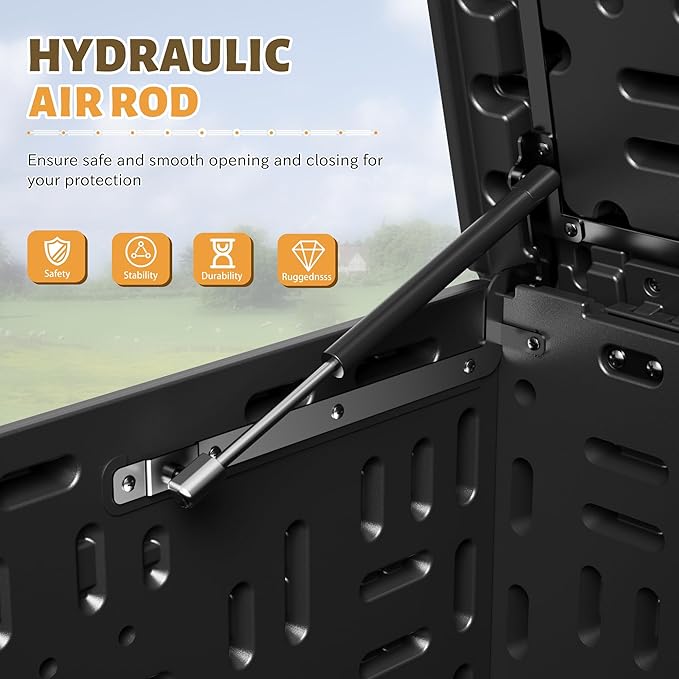 Flamaker Resin Deck Box 250 Gallon, Waterproof Imitation-Wood Lockable Storage Box with Separator Plate Outdoor Indoor, Garden, Patio Furniture for Tools&Pool Accessories (Black)