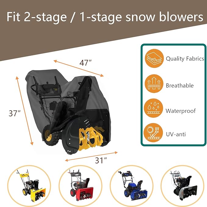 FLYMEI Outdoors Snow Blower Cover-600D Heavy Duty Polyester, Waterproof, UV Protection, Universal Size for Most Electric Two Stage Snow Blowers 47" L x 31" W x 37" H