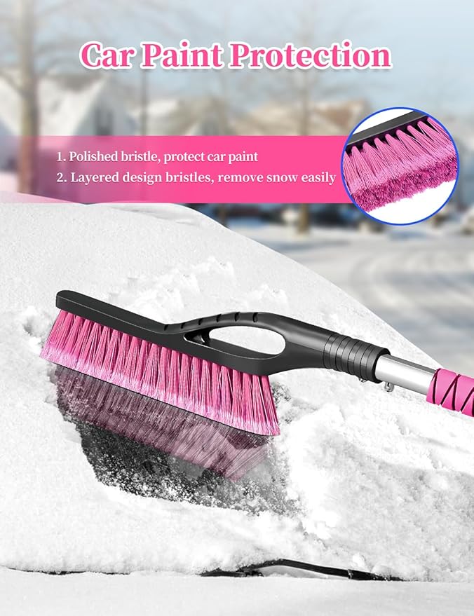 HEEYA 27 Inch Ice Scraper and Brush for Car, Snow Brush and Ice Scraper with Foam Grip, Detachable Snow Scraper for SUV Truck Jeep Vehicle Auto Windshield Window - Pink