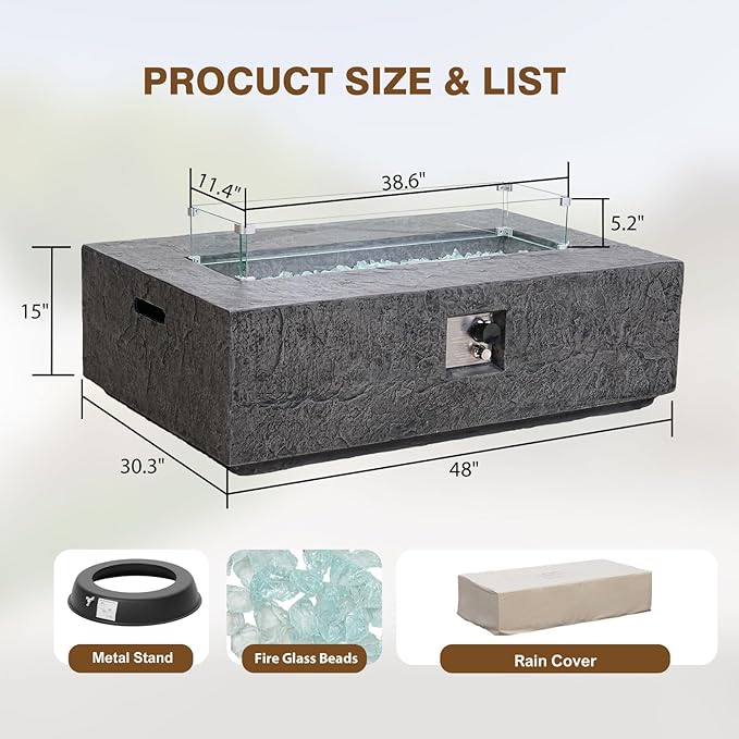 2-Piece Outdoor Propane Fire Pit Table Set – Premium Slate-Like MgO Finish, 48-Inch Gas Fire Table with Glass Wind Guard for Patio, Garden & Backyard, Includes Rain Cover & Glass Beads