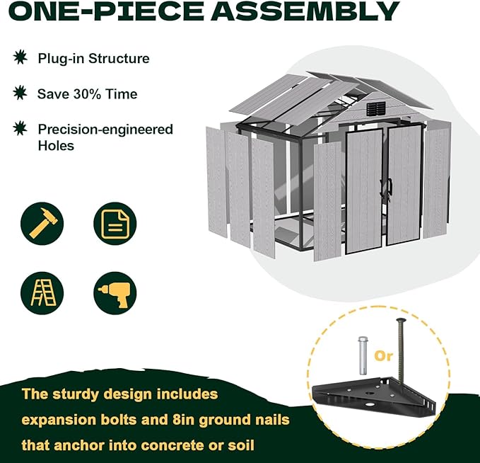 MELLCOM 8 x 6 FT Resin Storage Shed with Floor, Outdoor Garden Tool Shed with Windows and Lockable Door for Patio, Lawnmower, Pool Supply, Bike