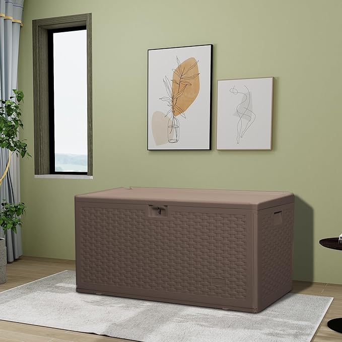 73GAL Brown Blow - Molded Outdoor Deck Box with Lock Hole - Waterproof, SGS - Protected from UV, Spacious for Garden Equipment and Pool Toys Storage, Easy to Assemble
