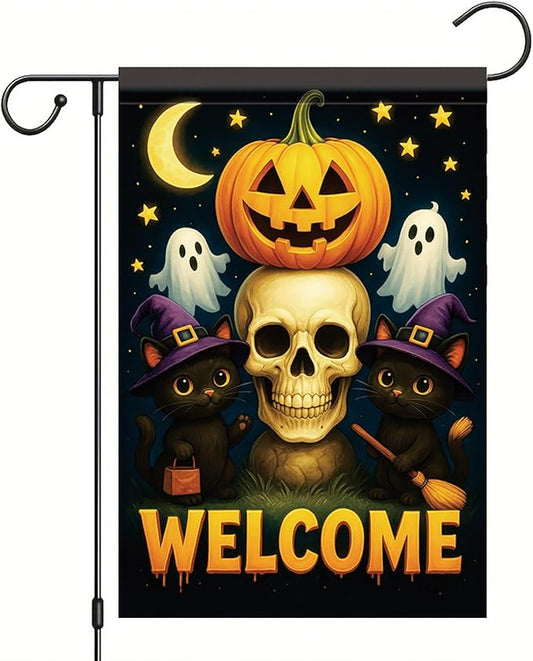 Halloween Garden Flag Pumpkin Skull Witch Hat Ghost Flag 12x18 Inch Double Sided Outdoor Yard Banner for Trick or Treat Haunted House Spooky Halloween Decoration Decor