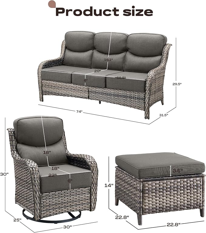 Wicker Outdoor Patio Furniture Set - 7 Piece Patio Conversation Sets with Swivel Rocker Chairs, Ottomans and Sofa, 6 inch Cushions, Waterproof Wicker, for Porch Deck Mixed Grey/Grey