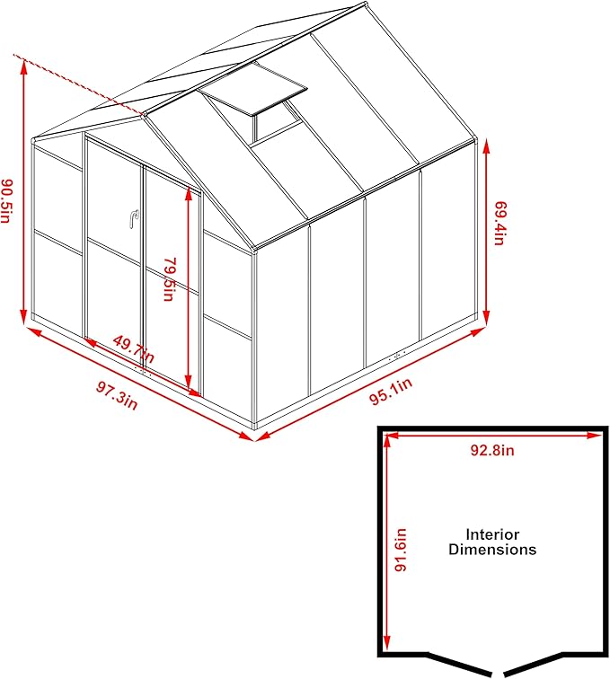 BlueWish 8x8FT Greenhouse for Outdoors, Greenhouses with Adjustable Vents, Lockable Door, Outdoor Aluminum Greenhouse Kit with Polycarbonate Panel, Walk-in Green House for Garden, Backyard, Gray