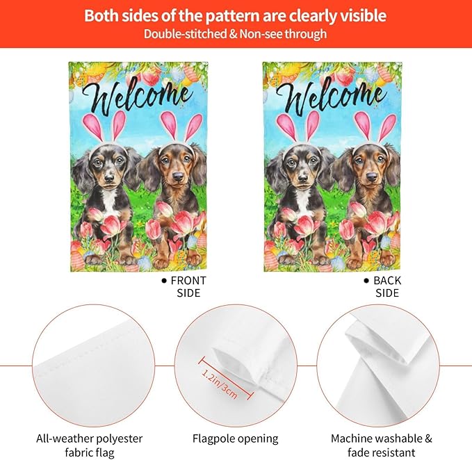 Dachshund Dog Bunny Cute Flower Happy Easter Garden Flag Welcome Party Outdoor Outside Decorations Picks Home House Garden Yard Decor 12x18 Inch