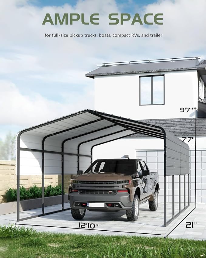 Metal Carport, Carport with Reinforced Base and Galvanized Steel Roof, Heavy Duty Garage Car Shelter Shade, Outdoor Car Port Canopy for SUV, Truck, Boats, 13x21 FT
