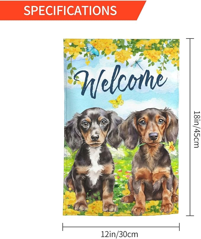 Puppy Lovers Spring Flowers Florals Cute Dachshund Dog Garden Flag Welcome Party Outdoor Outside Decorations Picks Home House Garden Yard Decor 12x18 Inch
