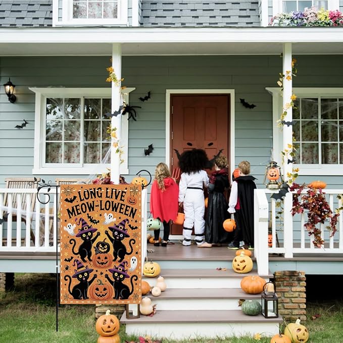 Fokongna Funny Halloween Decor Black Cat Garden Flag, Cute Halloween Long Live Meow-Loween Flag, Gift for Cat Lover 12x18 Inch Burlap Vertical Double Sided Flags, for Home Yard Outside Decorations