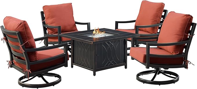 Oakland Living Black Aluminum Patio Fire Table Set with Four Club Chairs with Red Cushions