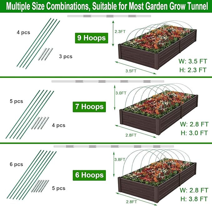 Garden Hoops for Raised Bed, 36 PCS Greenhouse Hoops 6 Sets of 8.5 FT Long Garden Arch Greenhouse Frame Rust-Free Fiberglass Garden Hoops for Row Cover Netting Shade Cloth