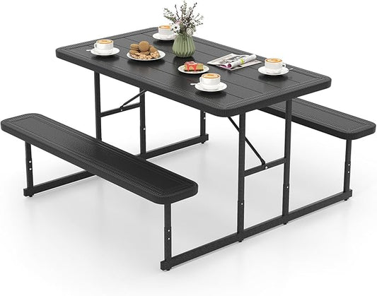 Tangkula Picnic Table, HDPE Outdoor Rectangular Table Bench Set with 2 Built-in Benches, Umbrella Hole, Metal Frame for 4 Person, Garden Yard Patio Lawn