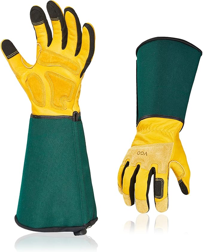 Vgo... Safety Work Gloves Men,Extra-long Cuff, Cow Grain Leather,Puncture-proof, Thornproof, Durability, Touchscreen,Gardening (1 Pair,Size XS, Golden Green, CA7472)