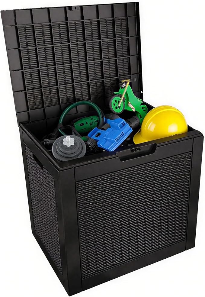 31 Gallon Outdoor Storage Box - Waterproof Resin Rattan Deck Bin for Indoor & Outdoor Use - Lockable & UV Resistant - Ideal for Package Delivery, Patio Cushions & Gardening Tools, Black