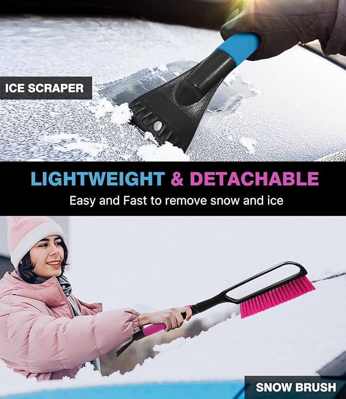 YeewayVeh 35 inch Snow Brush and Ice Scraper, 2 Pack Extendable Car Snow Scraper and Brush with Soft Grip & Additional Handhold, Scratch-Free Windshield Scraper for Ice and Snow, Magenta & Lake Blue