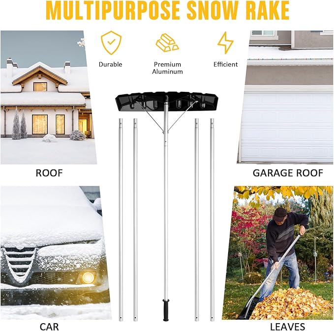 Gisafai Snow Roof Rake Snow Removal Tool with 5 Section Tubes 25 Inch Blade Adjustable 4.8-20 ft Reach Aluminum Shovel Rugged Slide for Single Cabins Car Roof(Black)
