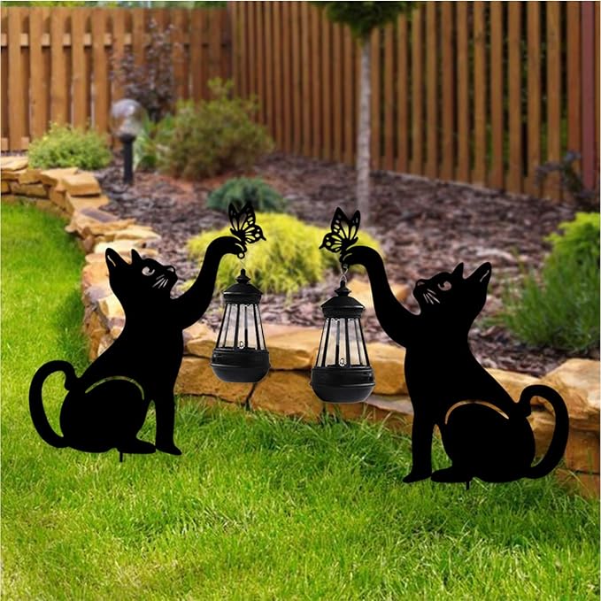 Solar-Powered Black Dog&Cat Garden Decor Stakes - Metal Silhouette Figurine for Outdoor Yard, Lawn, and Patio Decoration