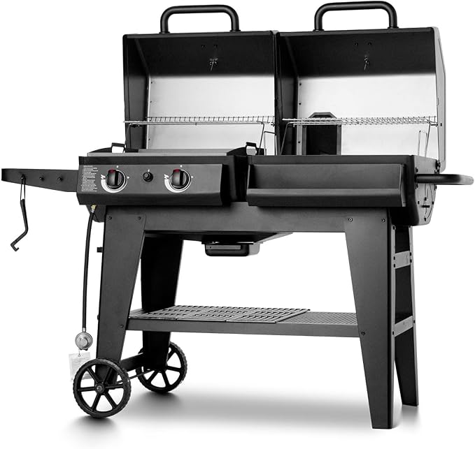 Char-Griller Flex Fuel Plus 3 in 1 Gas and Charcoal Grill Griddle and Smoker Combo 30000 BTUs Outdoor BBQ with Flat Top Griddle Insert Dual Fuel Backyard Grill Station, CG30281224