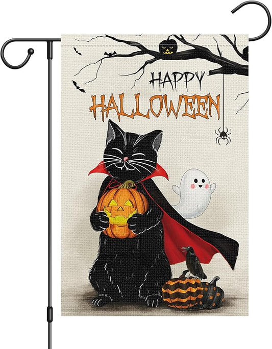 Louise Maelys Halloween Black Cat Garden Flag 12x18 Double Sided, Burlap Small Welcome Halloween Spooky Pumpkin Yard House Flags Seasonal Holiday Outdoor Outside Decor (ONLY FLAG)