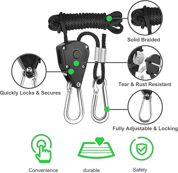 Rope Clip Hanger, 8 Packs 1/8 in Reinforced Adjustable Height Anti-Loose Design Metal Gears Clip for Growing Light Fixtures, Hanging Plants, 8 FT Length 150lbs Weight Capacity